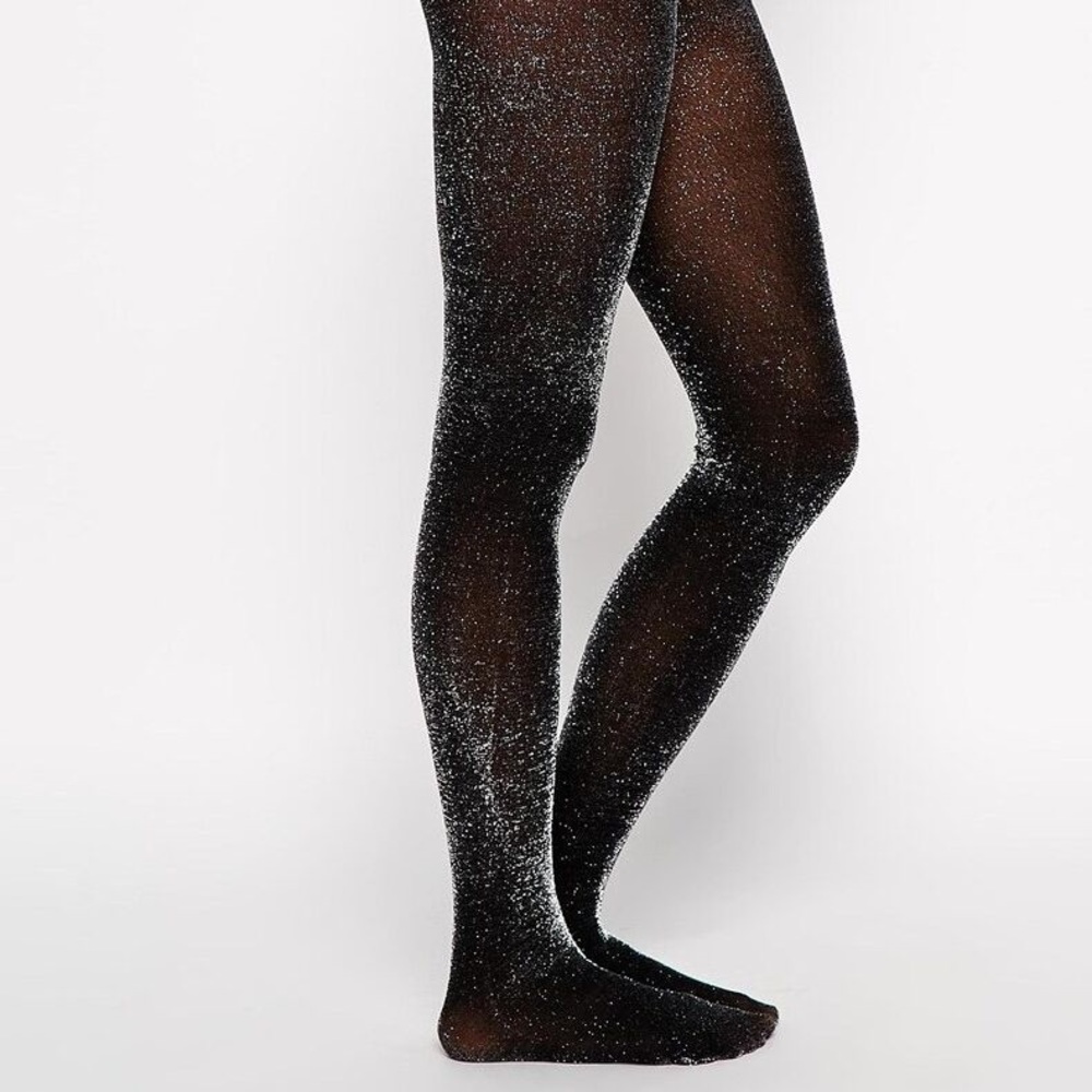 Christmas Party Silver Glitter Black Tights Runs Size S/M